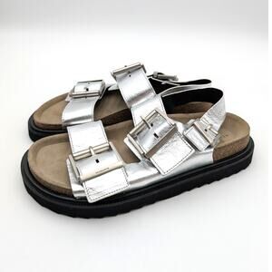 All Saints Isla Leather Slide Sandals Open Toe Women's Silver Size US8 EU38